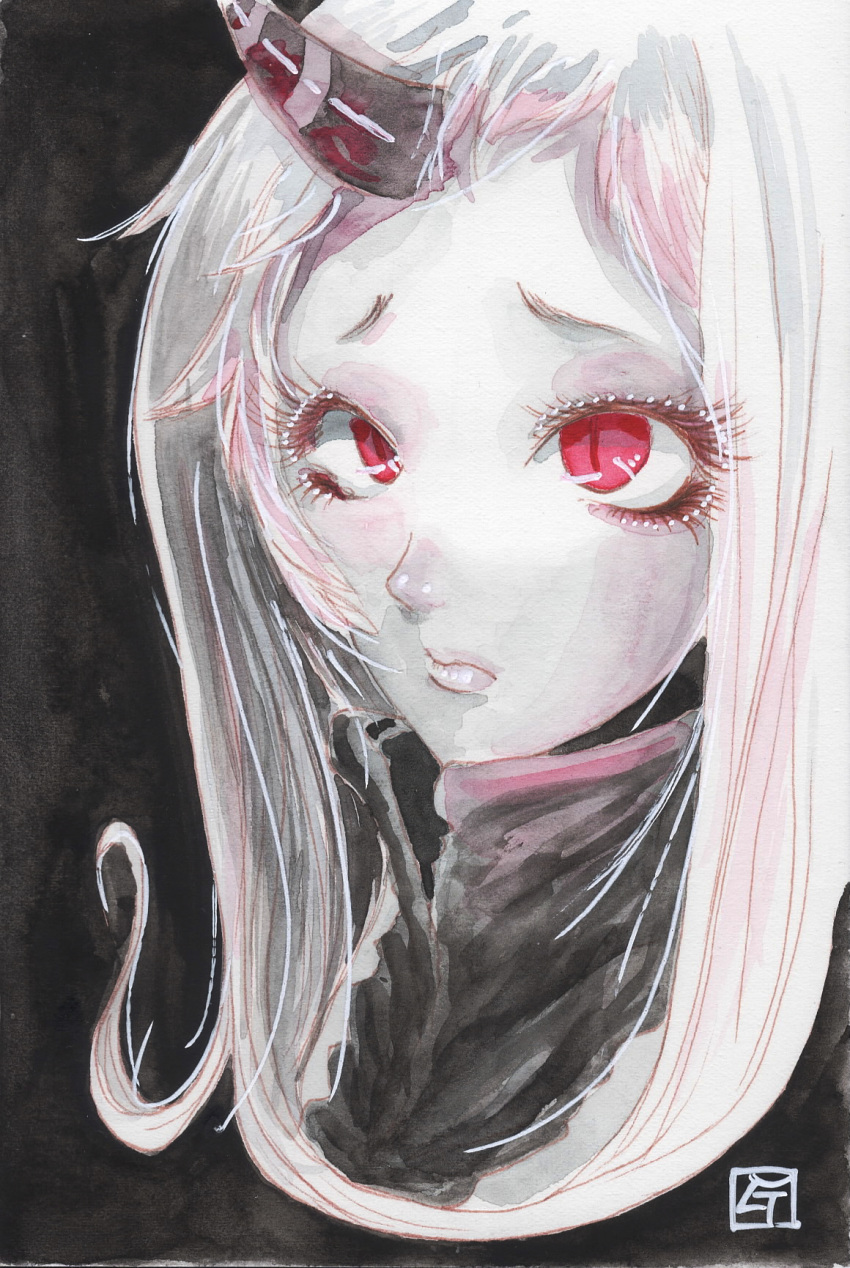 1girl black_background eyelashes high_collar highres horn kantai_collection lips long_hair looking_at_viewer mixed_media nose red_eyes seaport_hime shinkaisei-kan signature slit_pupils solo tesun_(g_noh) traditional_media unhappy upper_body watercolor_(medium) white_hair