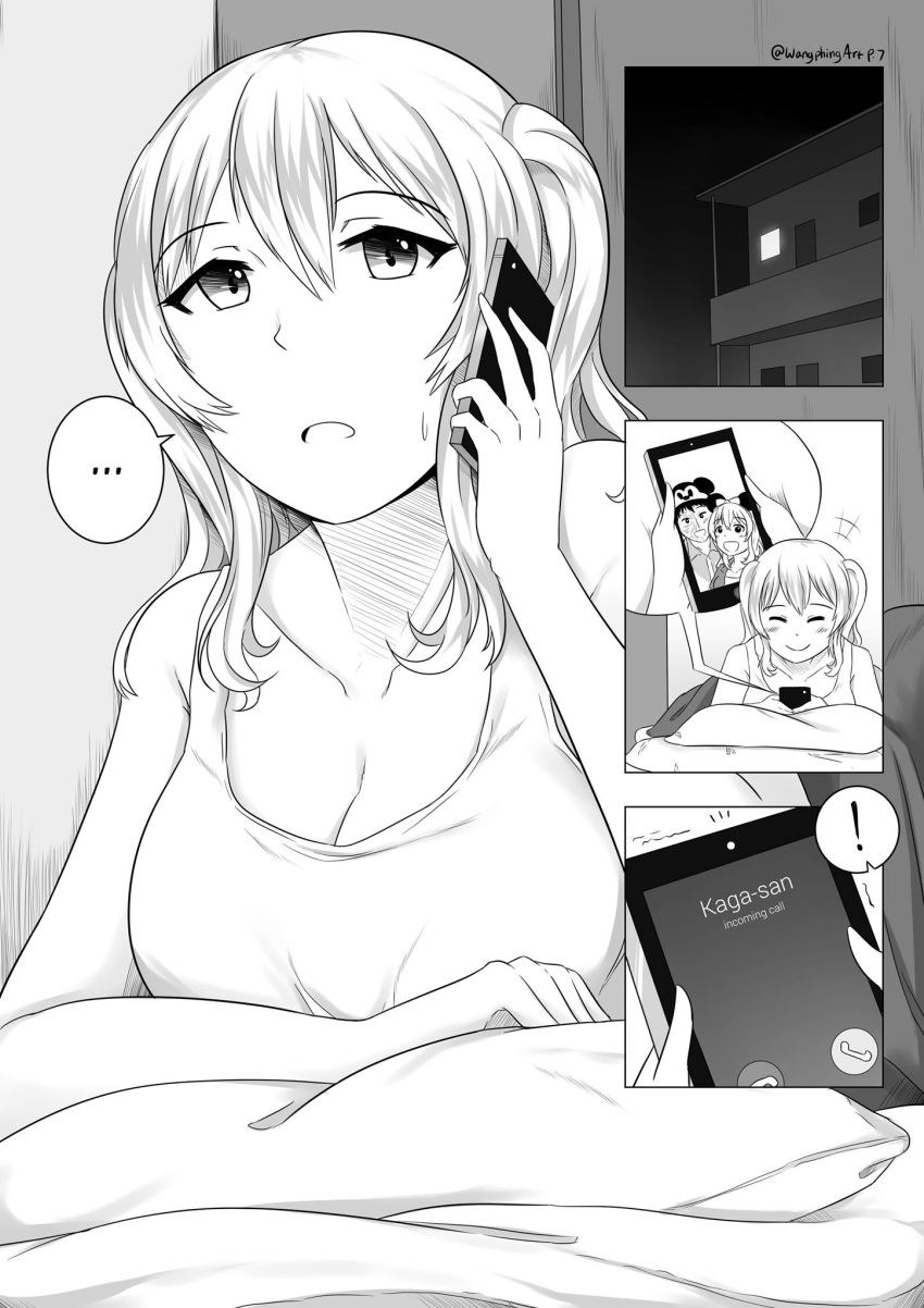 1boy 1girl alternate_costume casual cellphone comic commentary highres kantai_collection kashima_(kantai_collection) phone robba-san_(wangphing) smartphone wangphing
