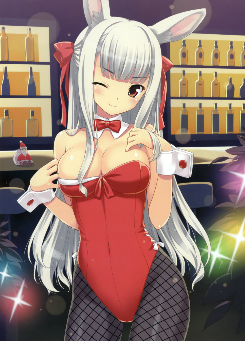 1girl absurdres amano_yuu animal_ears bangs bar bare_shoulders blunt_bangs blush breasts bunnysuit cleavage copyright_request fishnet_pantyhose fishnets hair_ribbon highres large_breasts long_hair looking_at_viewer one_eye_closed original pantyhose rabbit_ears red_eyes ribbon sidelocks silver_hair smile solo wrist_cuffs