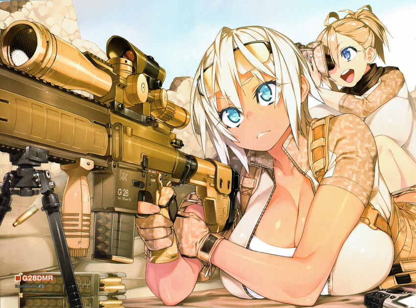 23_(real_xxiii) 2girls ahoge ahoge_girl_(23) aimpoint battle_rifle bipod blonde_hair blue_eyes breasts cleavage dark-skinned_girl_(23) dark_skin downblouse gloves gun heckler_&amp;_koch highres hk417 large_breasts lying magazine_(weapon) multiple_girls on_stomach operator original rifle scope shell_casing short_hair sniper_rifle vertical_foregrip weapon wife_and_wife