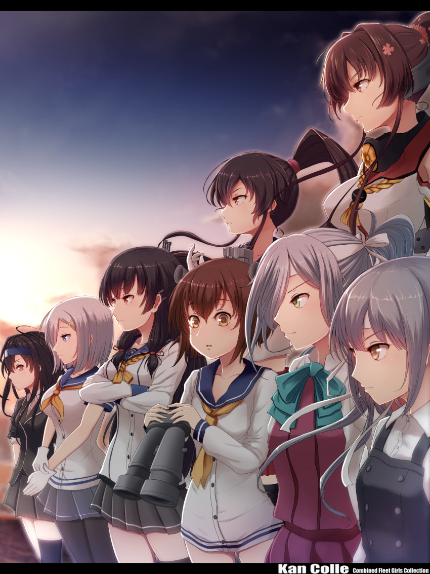 6+girls aqua_bowtie asashimo_(kantai_collection) asymmetrical_legwear black_hair black_legwear black_skirt blazer blue_eyes breasts brown_eyes brown_hair buttons commentary_request crossed_arms dress flower gloves green_eyes hair_flower hair_ornament hairclip hamakaze_(kantai_collection) hatsushimo_(kantai_collection) headband highres isokaze_(kantai_collection) jacket kantai_collection kasumi_(kantai_collection) large_breasts light_smile long_hair long_sleeves multiple_girls neckerchief nuka_(nvkka) pantyhose pleated_skirt ponytail purple_dress red_eyes sailor_collar sailor_dress school_uniform scrunchie serafuku serious shirt short_hair short_sleeves silver_hair skirt suspenders telescope white_gloves white_shirt yahagi_(kantai_collection) yamato_(kantai_collection) yellow_neckerchief yukikaze_(kantai_collection)