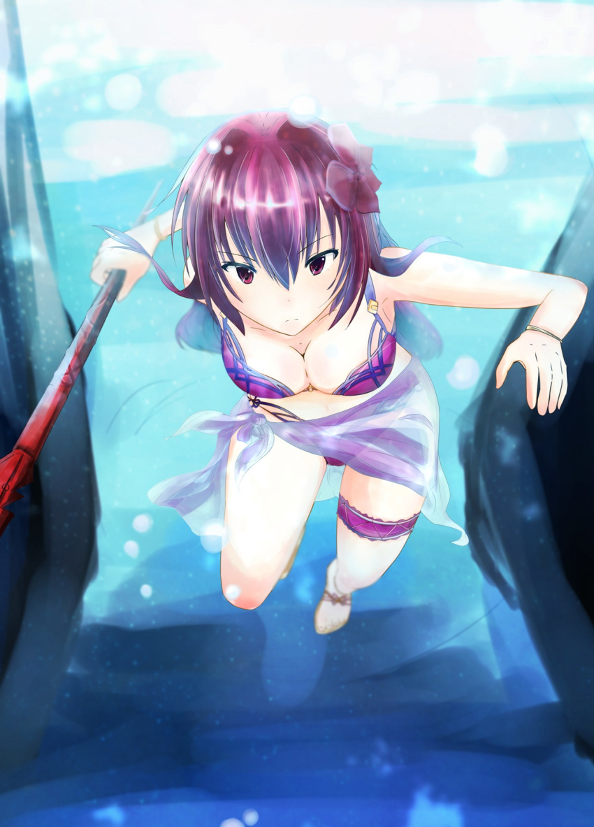 1girl bracelet breasts fate/grand_order fate_(series) flower full_body gae_bolg hair_flower hair_ornament highres holding holding_weapon jewelry long_hair looking_at_viewer ocean polearm purple_hair red_eyes scathach_(fate/grand_order) scathach_(swimsuit_assassin)_(fate) serious solo spear swimming swimsuit underwater water weapon