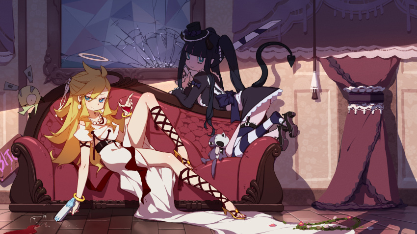 2girls alcohol ankle_lace-up belt blonde_hair blue_eyes bow bracelet broken_mirror chuck_(psg) couch cracked_glass cross-laced_footwear crossed_ankles cup demon_tail drapes dress drinking_glass earrings english garter_belt gun halo hat highres jewelry lace legwear_removed lolita_fashion long_dress long_hair makeup mini_hat mini_top_hat mirror mosquito_coils multicolored_hair multiple_girls nail_polish necklace panty_&amp;_stocking_with_garterbelt panty_(psg) pearl_necklace shoe_dangle slouching spilled stocking_(psg) strappy_heels striped striped_legwear stuffed_animal stuffed_toy sword tail thigh-highs toenail_polish toenails top_hat two-tone_hair weapon wine wine_glass