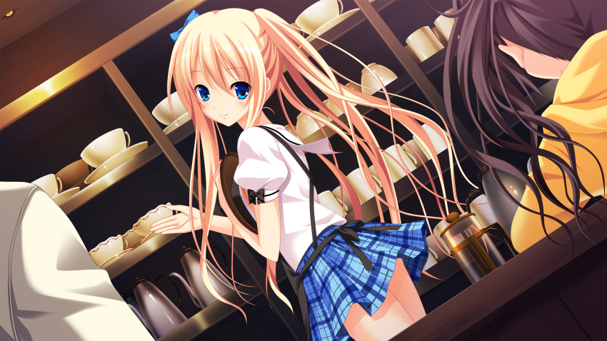 1boy 2girls black_apron black_bow black_hair blonde_hair blue_bow blue_eyes blue_skirt bow eyebrows_visible_through_hair floating_hair game_cg gensou_no_idea hair_bow head_tilt highres kujou_mitsuki long_hair looking_at_viewer makita_maki multiple_girls official_art pleated_skirt shirt short_sleeves side_ponytail skirt smile sweater twintails very_long_hair white_shirt yellow_sweater