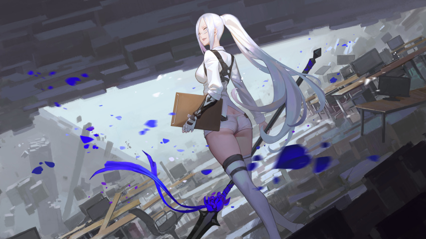 1girl ass cancer_(zjcconan) clipboard desk dutch_angle from_behind glasses highres holding holding_spear holding_weapon long_hair monitor original parted_lips polearm science_fiction short_shorts shorts sidelocks solo spear standing thigh-highs thighs weapon white_hair white_shorts