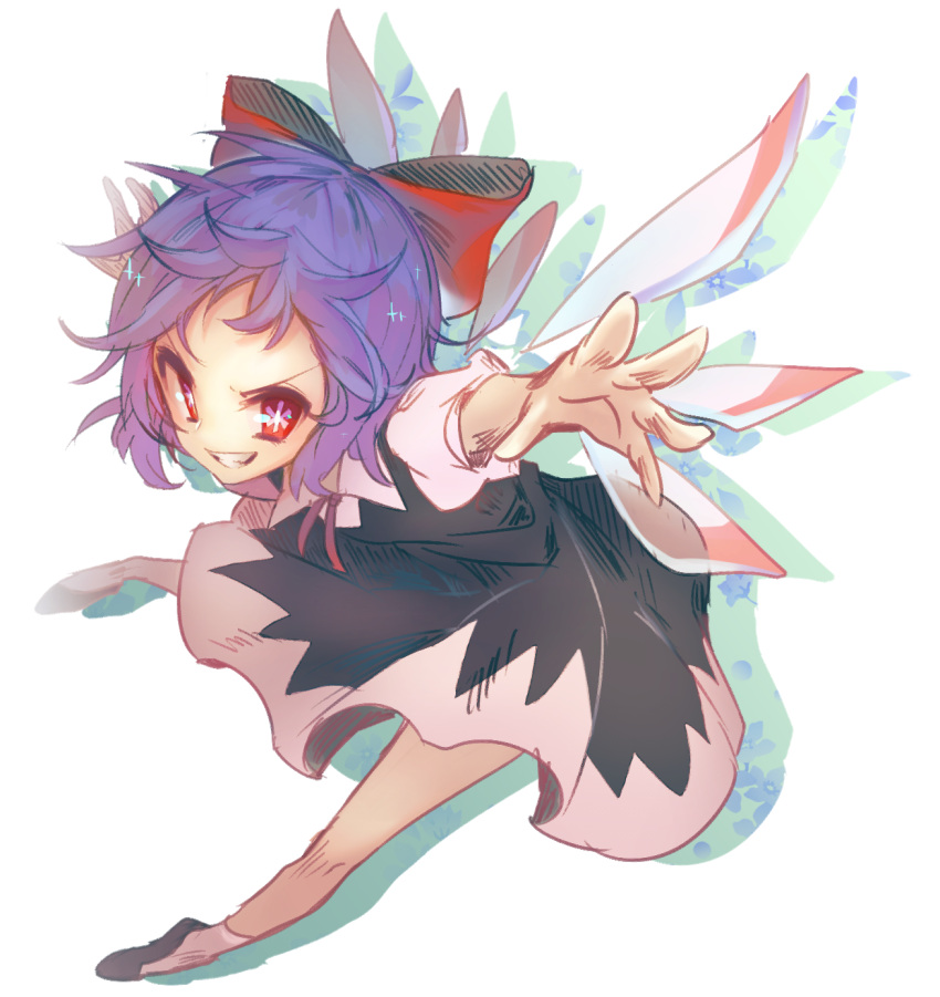 1girl alternate_color black_dress cirno dress full_body hair_ornament hair_ribbon highres ice ice_wings keemoringo looking_at_viewer outstretched_arms player_2 puffy_sleeves purple_hair red_eyes ribbon shoes short_hair short_sleeves simple_background smirk socks solo symbol-shaped_pupils touhou vest white_background white_legwear wings