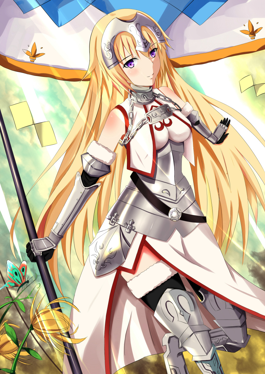 1girl absurdres armor armored_dress bangs banner blonde_hair blue_eyes breasts dress fate/apocrypha fate/grand_order fate_(series) floating_hair hair_blowing headpiece highres holding holding_weapon long_hair looking_at_viewer ruler_(fate/apocrypha) smile solo standing very_long_hair weapon wind