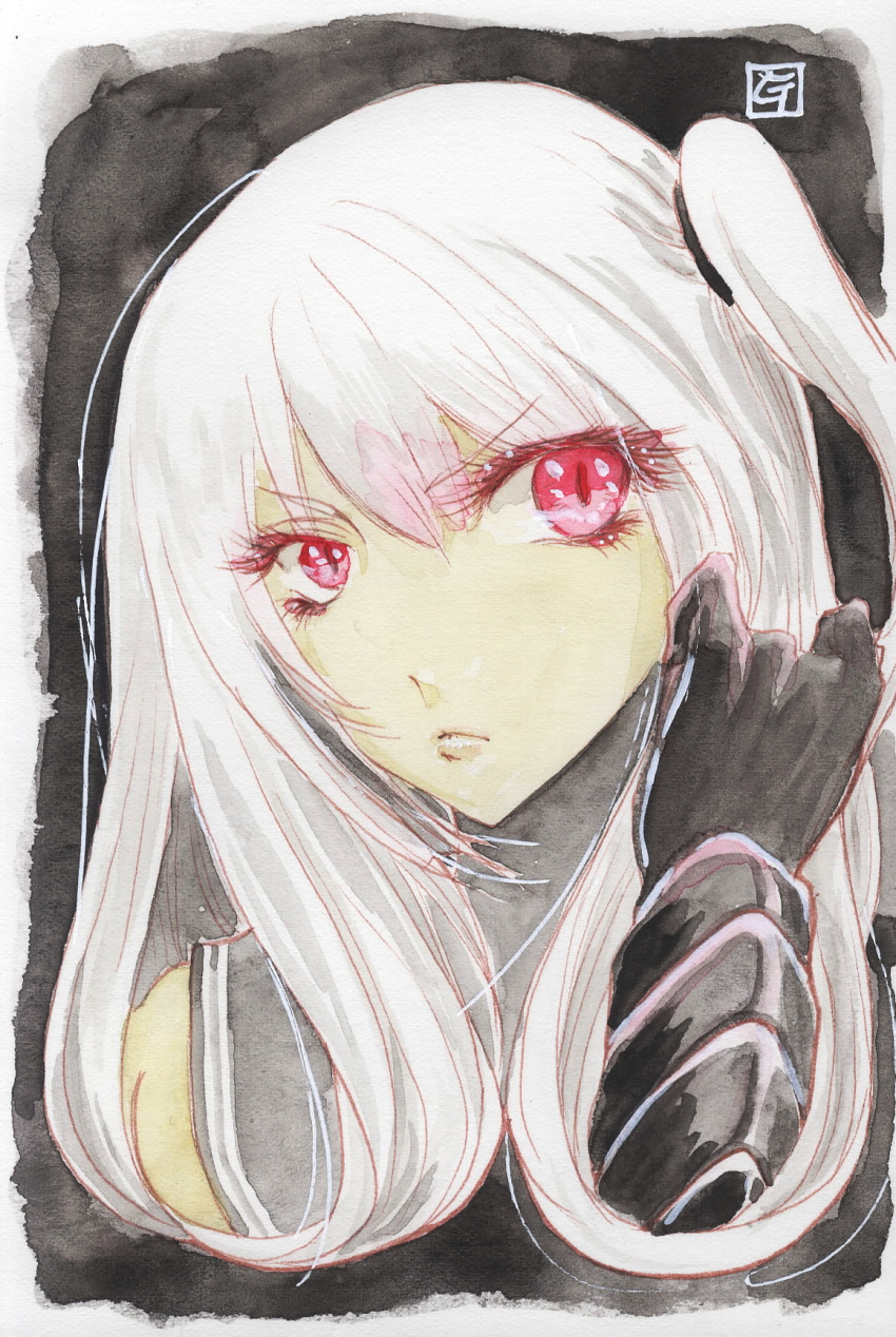 1girl adjusting_hair aircraft_carrier_oni black_background black_gloves border bracer eyelashes gloves highres kantai_collection lips long_hair looking_at_viewer mixed_media red_eyes shinkaisei-kan side_ponytail signature solo tesun_(g_noh) traditional_media upper_body watercolor_(medium) white_hair