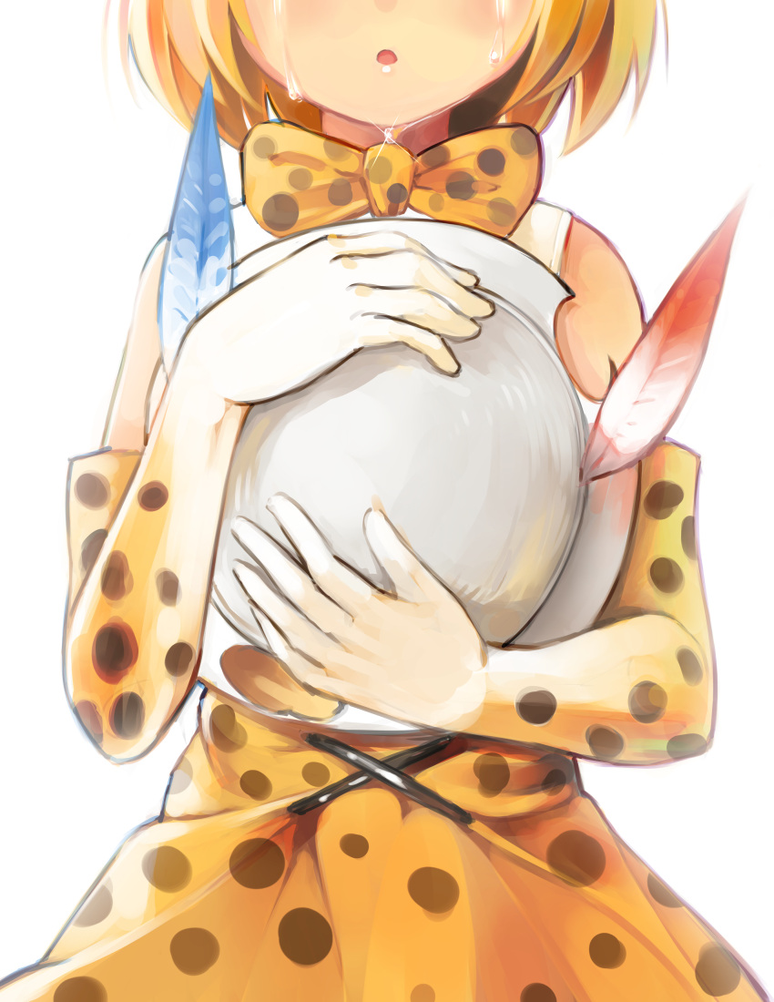 1girl absurdres blonde_hair bow bowtie bucket_hat crying dengliziti elbow_gloves gloves hat hat_feather head_out_of_frame highres holding holding_hat holding_to_chest kemono_friends serval_(kemono_friends) short_hair solo spoilers upper_body