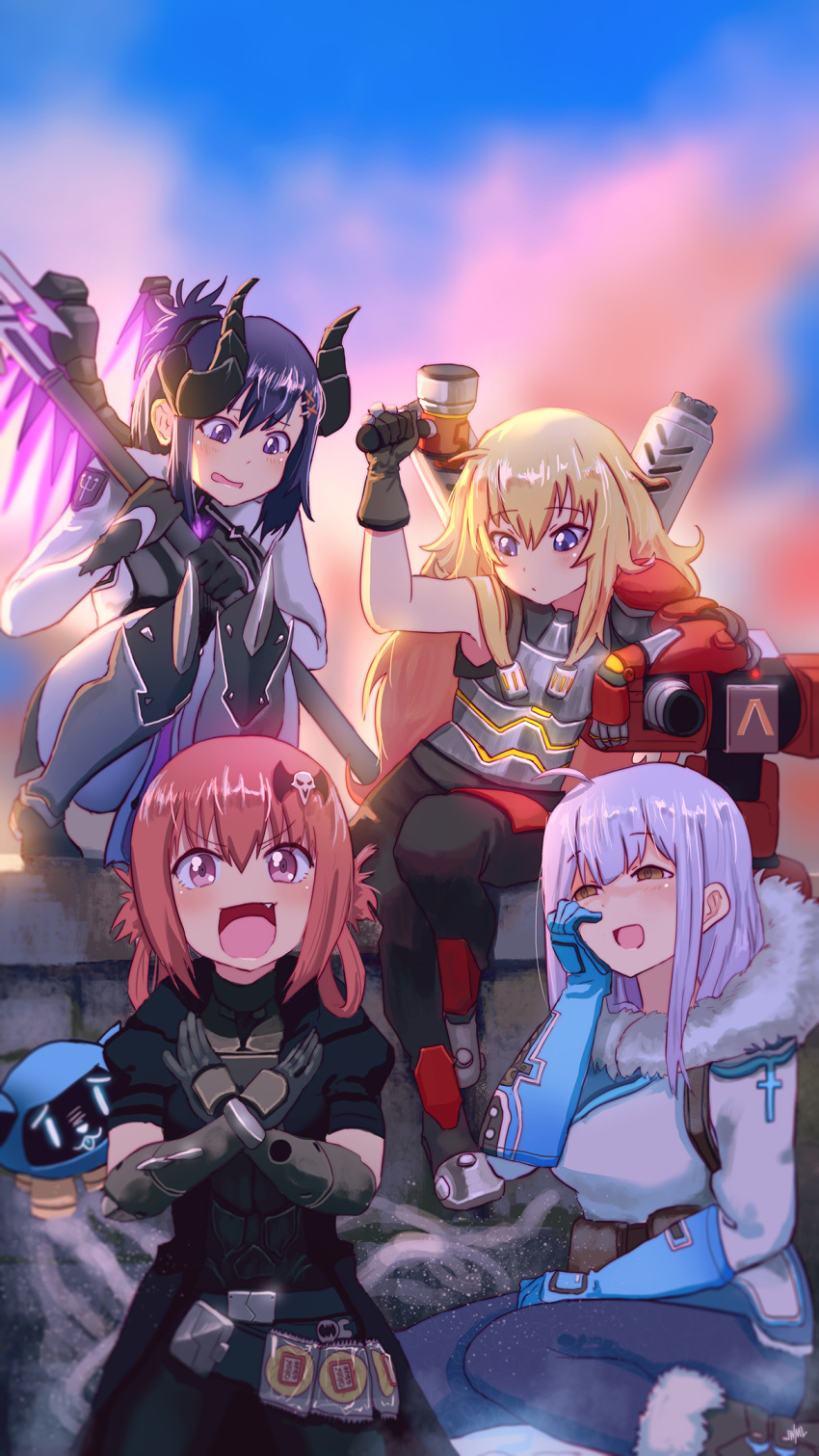 4girls :d armor armored_dress bangs belt belt_buckle belt_pouch black_coat black_gloves blonde_hair blue_eyes blue_gloves blue_legwear blurry blurry_background bodysuit boots breasts brown_boots brown_hair buckle cannon clouds cloudy_sky coat cosplay crazy_eyes crazy_smile demon_horns drone exhaust_pipe eyebrows_visible_through_hair fang faulds floating full_body fur-trimmed_boots fur-trimmed_jacket fur_boots fur_coat fur_trim gabriel_dropout gauntlets glasses gloves hair_between_eyes hair_ornament hair_rings hairclip hairpin half-closed_eyes hammer hand_on_own_cheek hand_on_own_face hand_up highres holding holding_staff holding_weapon horns imp_mercy jacket knee_boots knee_pads kurumizawa_satanichia_mcdowell legs_together long_hair looking_at_viewer machinery mechanical_arm mechanical_wings mei_(overwatch) mei_(overwatch)_(cosplay) mercy_(overwatch) mercy_(overwatch)_(cosplay) multiple_girls open_mouth outdoors overwatch pants parka polearm ponytail purple_hair purple_wings reaper_(overwatch) reaper_(overwatch)_(cosplay) redhead ribbed_bodysuit shiraha_raphiel_ainsworth shoes short_hair sidelocks signature sitting skull_hair_ornament sky smile snow_boots snowball_(overwatch) spiked_gauntlets squatting staff steamy_tomato tenma_gabriel_white torbjorn_(overwatch) torbjorn_(overwatch)_(cosplay) trench_coat trident tsukinose_vignette_april turret turtleneck utility_belt violet_eyes weapon white_bodysuit wings winter_clothes winter_coat x_arms x_hair_ornament yandere_trance