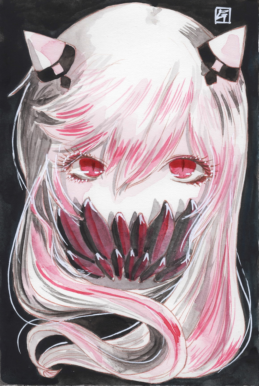 1girl black_background border covered_mouth expressionless eyelashes highres horns kantai_collection long_hair looking_at_viewer midway_hime mixed_media red_eyes shinkaisei-kan signature simple_background solo tesun_(g_noh) traditional_media upper_body watercolor_(medium) white_hair