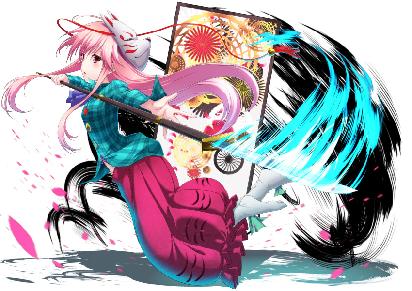 1girl :o absurdres aono_meri blush bubble_skirt fox_mask from_side full_body hata_no_kokoro highres holding holding_weapon long_hair long_sleeves looking_at_viewer looking_to_the_side mask mask_on_head naginata open_mouth outstretched_arm petals pink_hair plaid plaid_shirt polearm red_eyes shirt skirt socks solo string touhou weapon white_background white_legwear