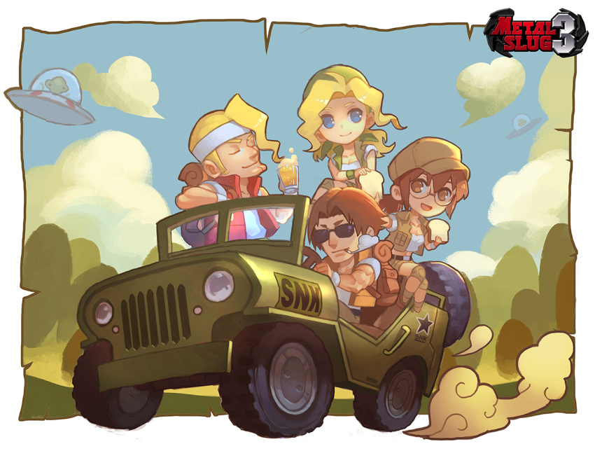 2boys 2girls :d alcohol alien backpack bag bandanna beer blonde_hair blue_eyes bread brown_eyes brown_hair chibi cigarette closed_eyes closed_mouth clouds copyright_name drink driving fio_germi food glasses ground_vehicle hat head_scarf headband jeep kalata kasamoto_eri looking_at_viewer marco_rossi metal_slug military military_vehicle motor_vehicle mouth_hold multiple_boys multiple_girls open_mouth ponytail short_sleeves shorts sitting sky smile smoking sunglasses tarma_roving tied_hair ufo vehicle vest