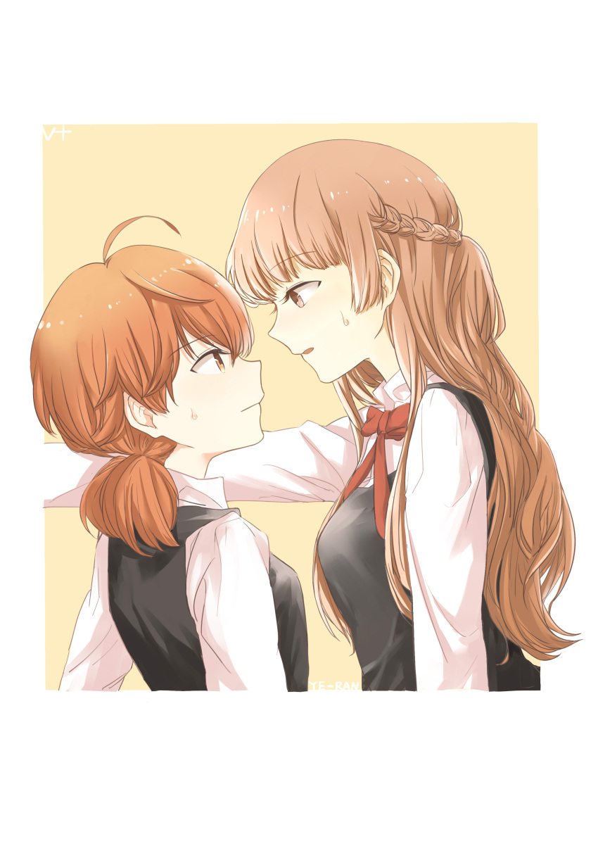 2girls absurdres ahoge arm_at_side bow bowtie brown_eyes brown_hair closed_mouth eye_contact female french_braid half_updo highres koito_yuu light_brown_hair long_hair looking_at_another low_twintails multiple_girls open_mouth outstretched_arm red_bow saeki_sayaka school_uniform short_hair sweatdrop twintails upper_body wall_slam yagate_kimi_ni_naru yuri