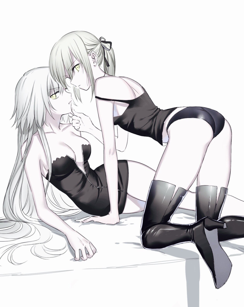 2girls ahoge ass bare_legs bare_shoulders bed black_panties blonde_hair boots breasts dress fate/grand_order fate/stay_night fate_(series) hair_ribbon highres jeanne_alter long_hair looking_at_viewer multiple_girls navel nipi27 panties ponytail ribbon ruler_(fate/apocrypha) saber saber_alter simple_background underwear yellow_eyes yuri