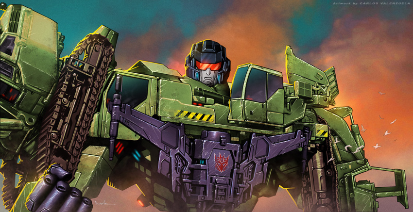 bird caterpillar_tracks clenched_hand clouds cropped_legs damaged decepticon devastator_(transformers) dusk flying insignia looking_at_viewer mecha realistic redesign robot science_fiction signature size_difference transformers upper_body valzonline watermark