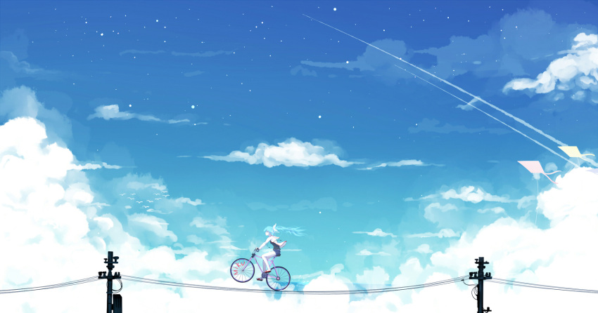 1girl aqua_hair bai_yemeng bicycle black_shirt character_name clouds cloudy_sky condensation_trail day from_side ground_vehicle hatsune_miku highres hood hoodie kite long_hair long_sleeves outdoors profile revision riding shirt shorts sky solo telephone_pole twintails vocaloid