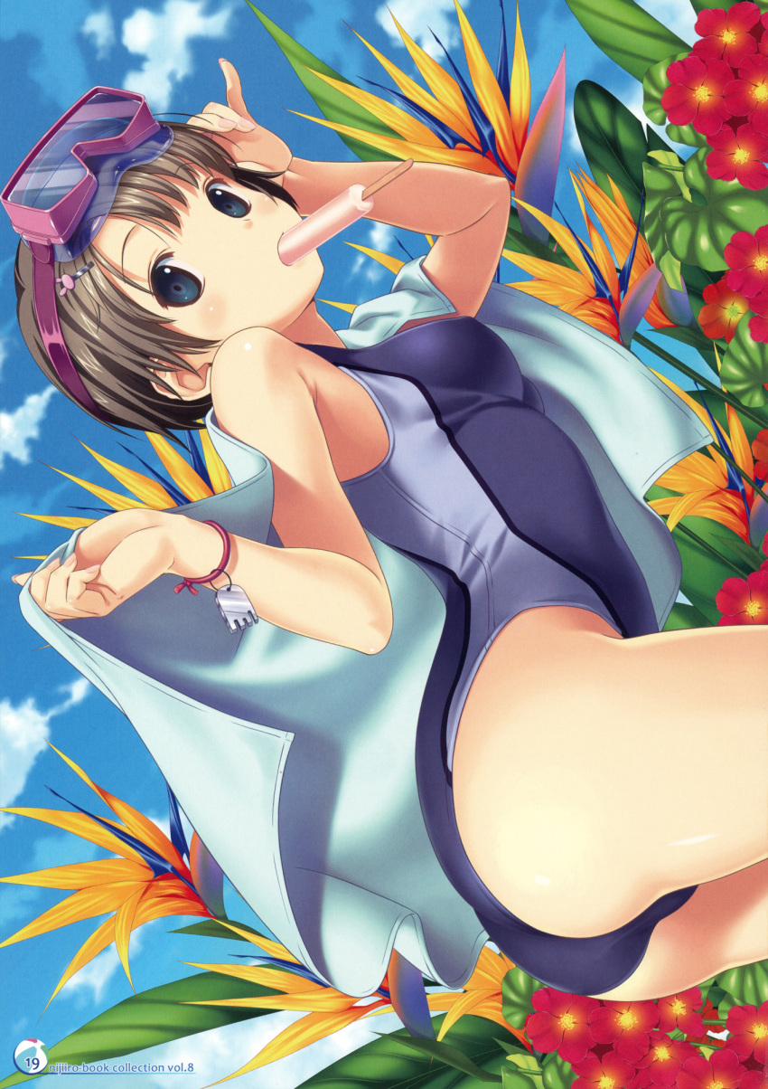 1girl black_eyes black_hair bracelet clouds cloudy_sky competition_school_swimsuit erect_nipples food highres ice_cream jewelry koutaro looking_at_viewer original outdoors red_flower shiny shiny_skin short_hair sky solo swimsuit