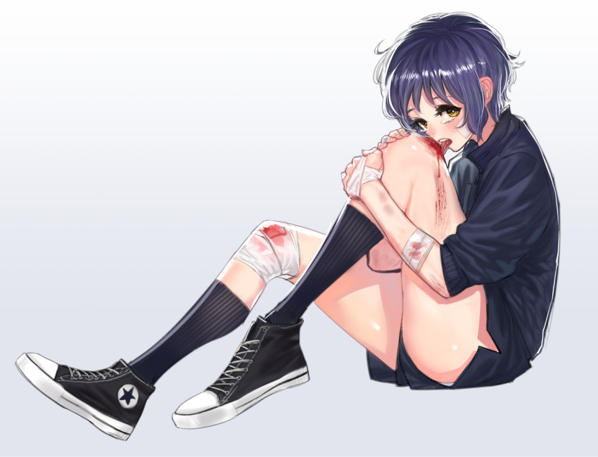 1girl bandage blood blush bruise bukimi_isan gradient gradient_background idolmaster idolmaster_million_live! injury kneehighs licking makabe_mizuki purple_hair shoes short_hair short_shorts shorts sitting sneakers solo sweater thighs tongue yellow_eyes