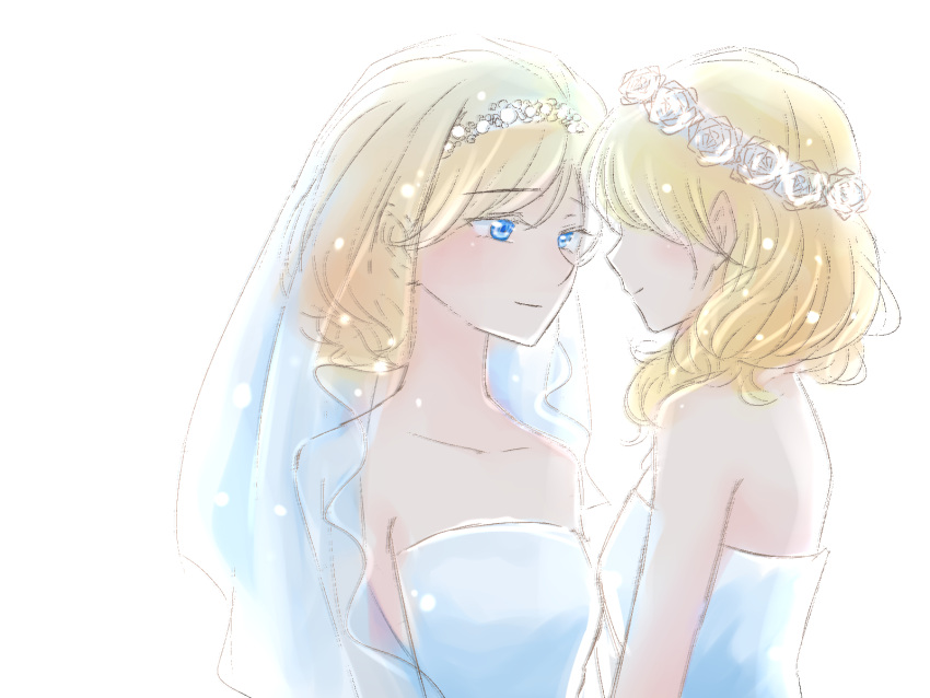 2girls alice_margatroid blonde_hair blue_eyes blurry blush bridal_veil couple dress face-to-face head_wreath highres kirisame_marisa long_hair multiple_girls nip_to_chip pointy_ears smile strapless strapless_dress touhou upper_body veil wedding_dress wife_and_wife yuri