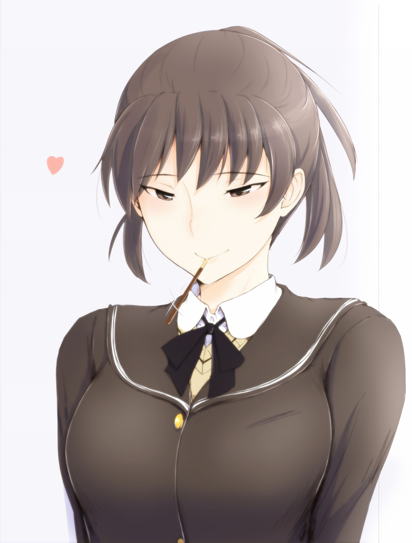 1girl amagami black_eyes black_hair blush breasts food heart highres large_breasts looking_at_viewer mouth_hold pocky pocky_kiss ponytail sasaki_akira_(ugc) school_uniform shared_food simple_background smile solo tsukahara_hibiki white_background