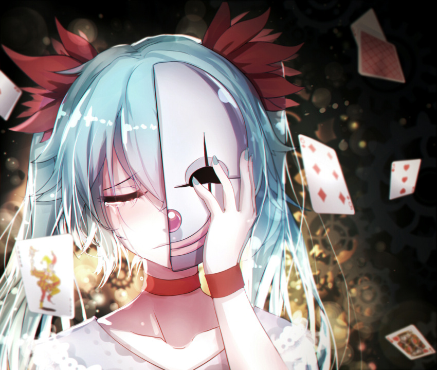 1girl aqua_hair bai_yemeng bangs blurry broken_mask card choker closed_eyes clown_mask collarbone depth_of_field diamonds_(playing_card) falling_card flipped_hair flower frown gears gradient_hair hair_between_eyes hair_flower hair_ornament hatsune_miku hearts_(playing_card) joker karakuri_pierrot_(vocaloid) king_(playing_card) lace lens_flare lips long_hair mask multicolored_hair nail_polish number playing_card portrait raised_eyebrow red_nose revision smile solo tears twintails vocaloid wristband
