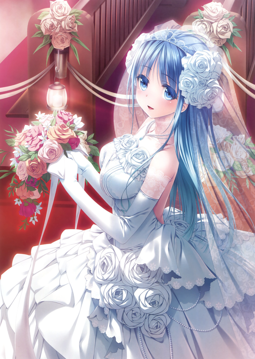 1girl :d absurdres blue_eyes blue_hair blush bouquet bridal_veil collarbone dress elbow_gloves eyebrows_visible_through_hair flower gloves highres holding holding_bouquet indoors jewelry long_hair narumi_suzune necklace open-back_dress open_mouth original pink_flower red_flower ribbon shiny shiny_skin sleeveless sleeveless_dress smile solo standing veil wedding_dress white_dress white_flower white_gloves white_ribbon yellow_flower