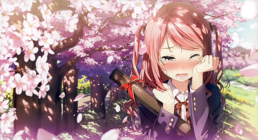 1girl absurdres bangs blush cherry_blossoms clenched_hand collared_shirt crying crying_with_eyes_open diploma dress_shirt grass highres huge_filesize kantoku kurumi_(kantoku) long_hair long_sleeves neck_ribbon nose_blush one_eye_closed open_mouth original outdoors path petals pink_eyes pink_hair plaid plaid_ribbon red_ribbon ribbon road school_uniform shirt solo swept_bangs tears two_side_up upper_body wing_collar wiping_tears
