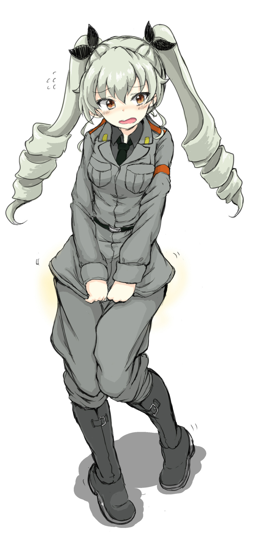 1girl absurdres anchovy anzio_military_uniform bangs belt black_boots black_necktie black_ribbon black_shirt blush boots brown_eyes commentary_request days135 dress_shirt drill_hair flying_sweatdrops full_body girls_und_panzer green_hair grey_jacket grey_pants hair_ribbon have_to_pee highres knee_boots long_hair long_sleeves looking_at_viewer military military_uniform necktie open_mouth pants ribbon shirt shirt_tug shoulder_belt simple_background solo standing twin_drills twintails uniform wavy_mouth white_background