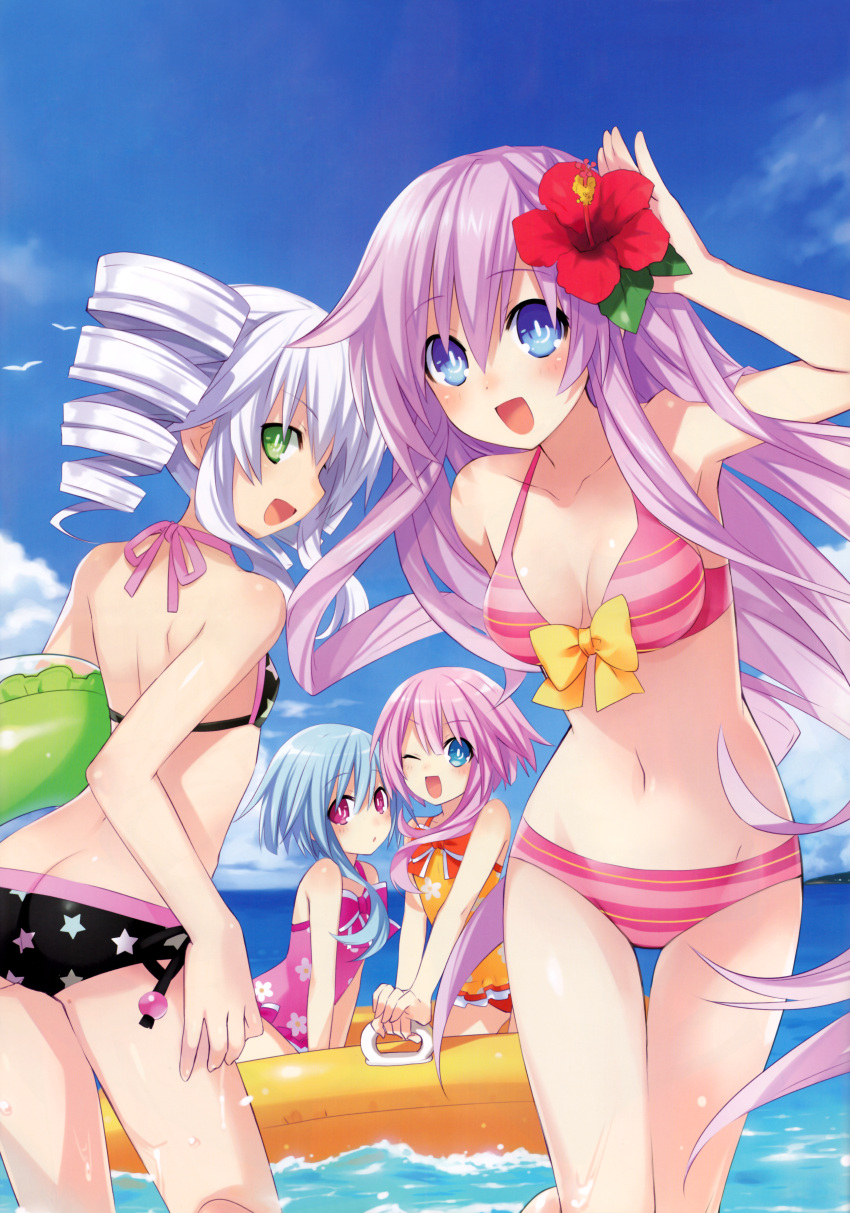 4girls :/ :d ;d absurdres ass back bare_shoulders bikini black_sister blue_hair blue_sky blush bow breasts butt_crack casual_one-piece_swimsuit choujigen_game_neptune choujigen_game_neptune_mk2 cleavage collarbone day drill_hair flat_chest floral_print flower green_eyes halterneck hibiscus highres huge_filesize long_hair medium_breasts multiple_girls navel nepgear neptune_(series) official_art one-piece_swimsuit one_eye_closed open_mouth outdoors pink_hair power_symbol profile purple_hair purple_sister ram_(choujigen_game_neptune) red_eyes rom_(choujigen_game_neptune) short_hair side-tie_bikini silver_hair sky smile star star_print striped striped_bikini striped_swimsuit swimsuit thigh_gap tsunako uni_(choujigen_game_neptune) water waving white_sister_ram white_sister_rom