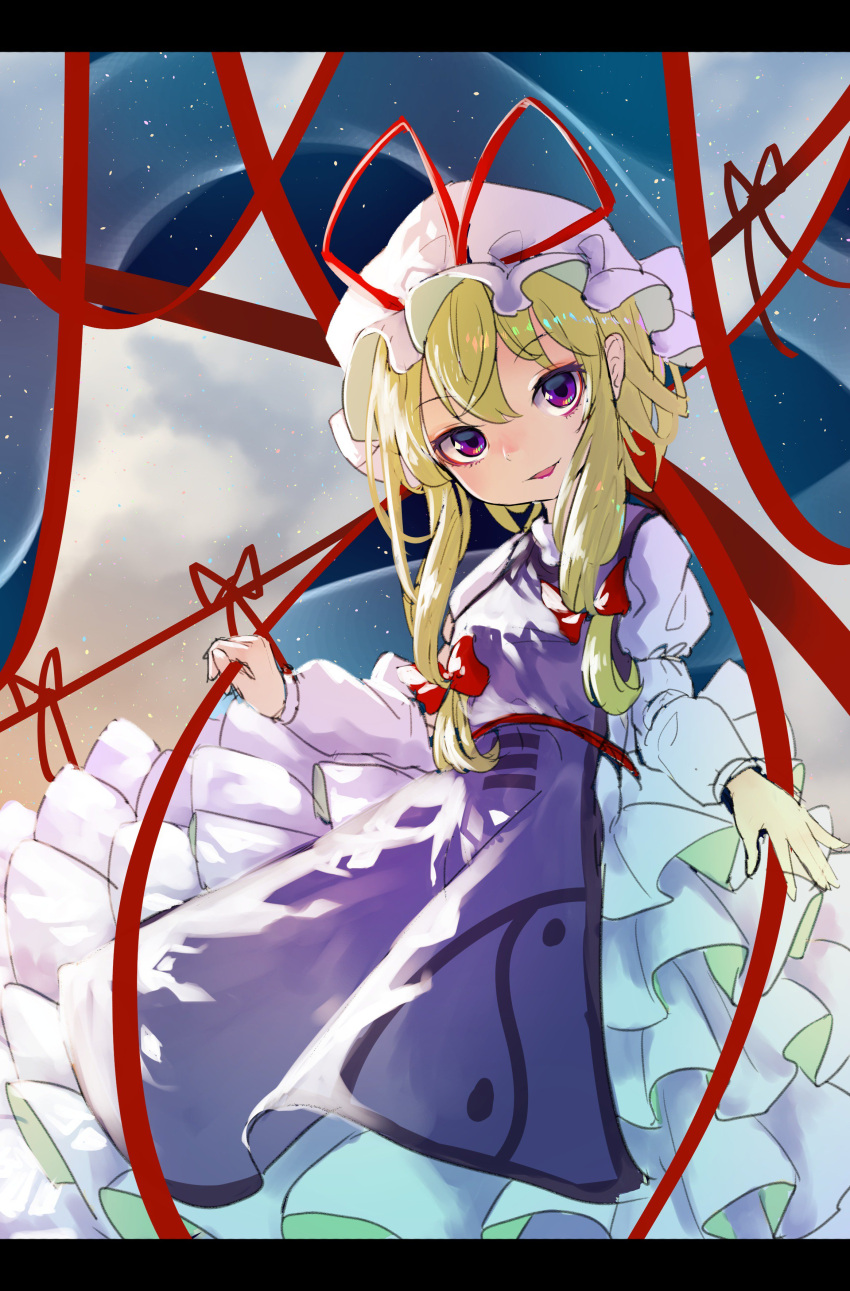 1girl absurdres blonde_hair bow dress frilled_dress frills hair_bow hat hat_ribbon highres juliet_sleeves letterboxed long_hair long_sleeves looking_at_viewer mob_cap open_mouth puffy_sleeves pyonsuke_(pyon2_mfg) ribbon smile solo tabard touhou violet_eyes white_dress yakumo_yukari