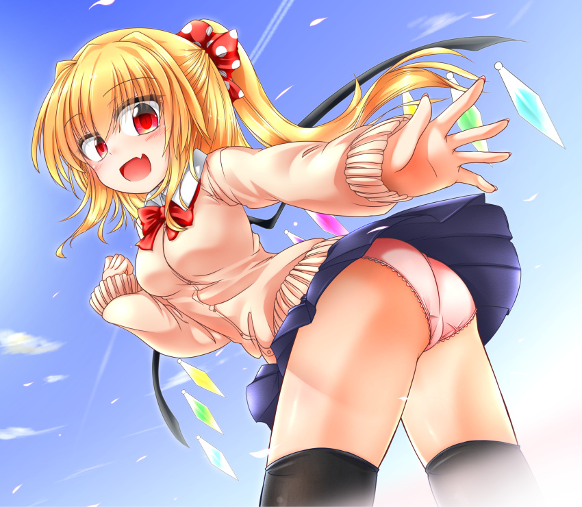 1girl ass blonde_hair blush bow bowtie fang flandre_scarlet hand_up highres long_hair long_sleeves m9kndi miniskirt open_mouth outstretched_arm panties pink_panties pleated_skirt red_eyes school_uniform side_ponytail skirt sweater touhou underwear uniform upskirt wind wind_lift wings