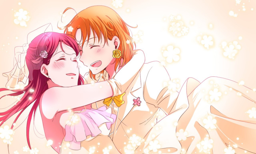 2girls ahoge arm_around_neck bangs blush boutonniere bow bowtie bride carrying closed_eyes dress earrings elbow_gloves flower flower_earrings formal gloves groom hair_flower hair_ornament jewelry kougi_hiroshi long_hair love_live! love_live!_sunshine!! multiple_girls necklace open_mouth orange_hair pearl_necklace princess_carry redhead sakurauchi_riko strapless strapless_dress suit takami_chika tears veil wedding wedding_dress white_suit wife_and_wife yellow_bow yellow_bowtie yuri