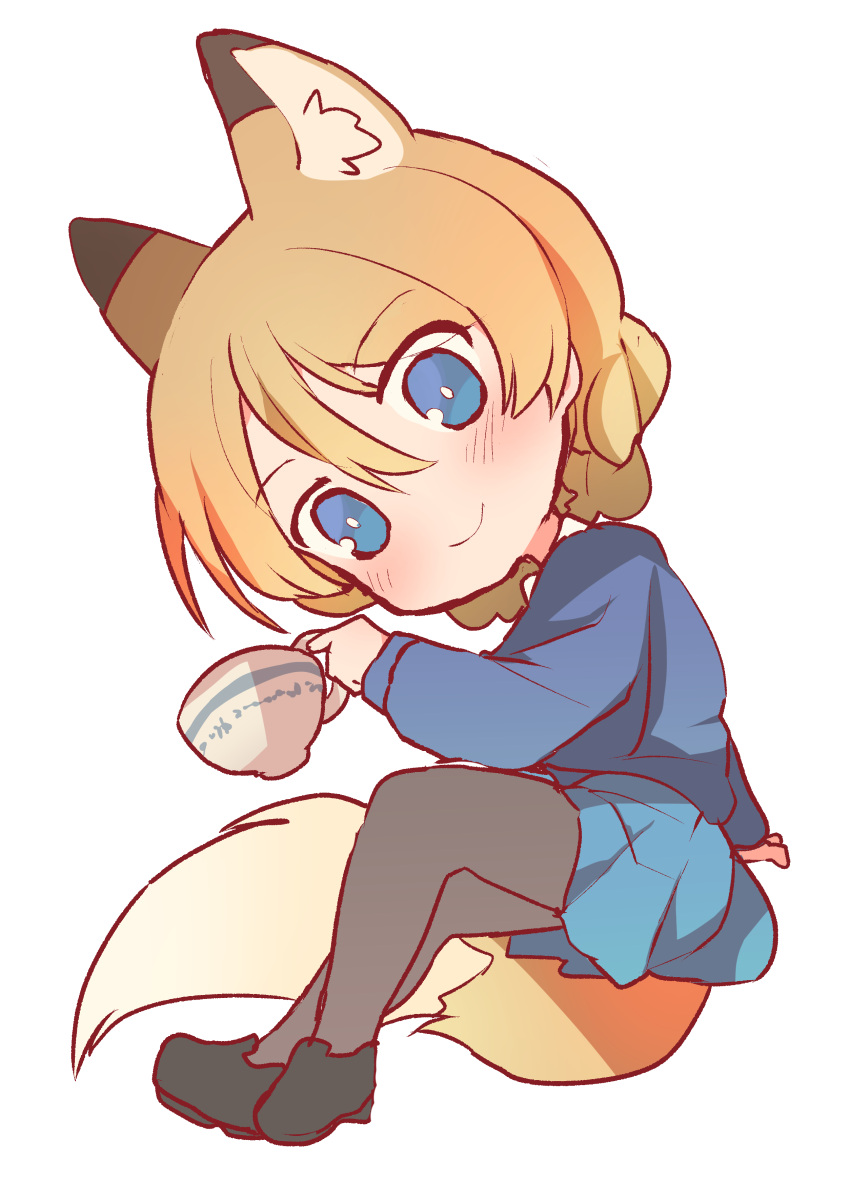 1girl absurdres animal_ears arm_support bangs black_footwear black_legwear blonde_hair blue_eyes blue_skirt blue_sweater braid chibi closed_mouth commentary cup darjeeling dog_ears dog_tail eyebrows_visible_through_hair from_side full_body girls_und_panzer head_tilt highres holding kemonomimi_mode long_hair long_sleeves looking_at_viewer miluke miniskirt pantyhose pleated_skirt school_uniform shoes short_hair simple_background sitting skirt smile sweater tail teacup tied_hair twin_braids white_background