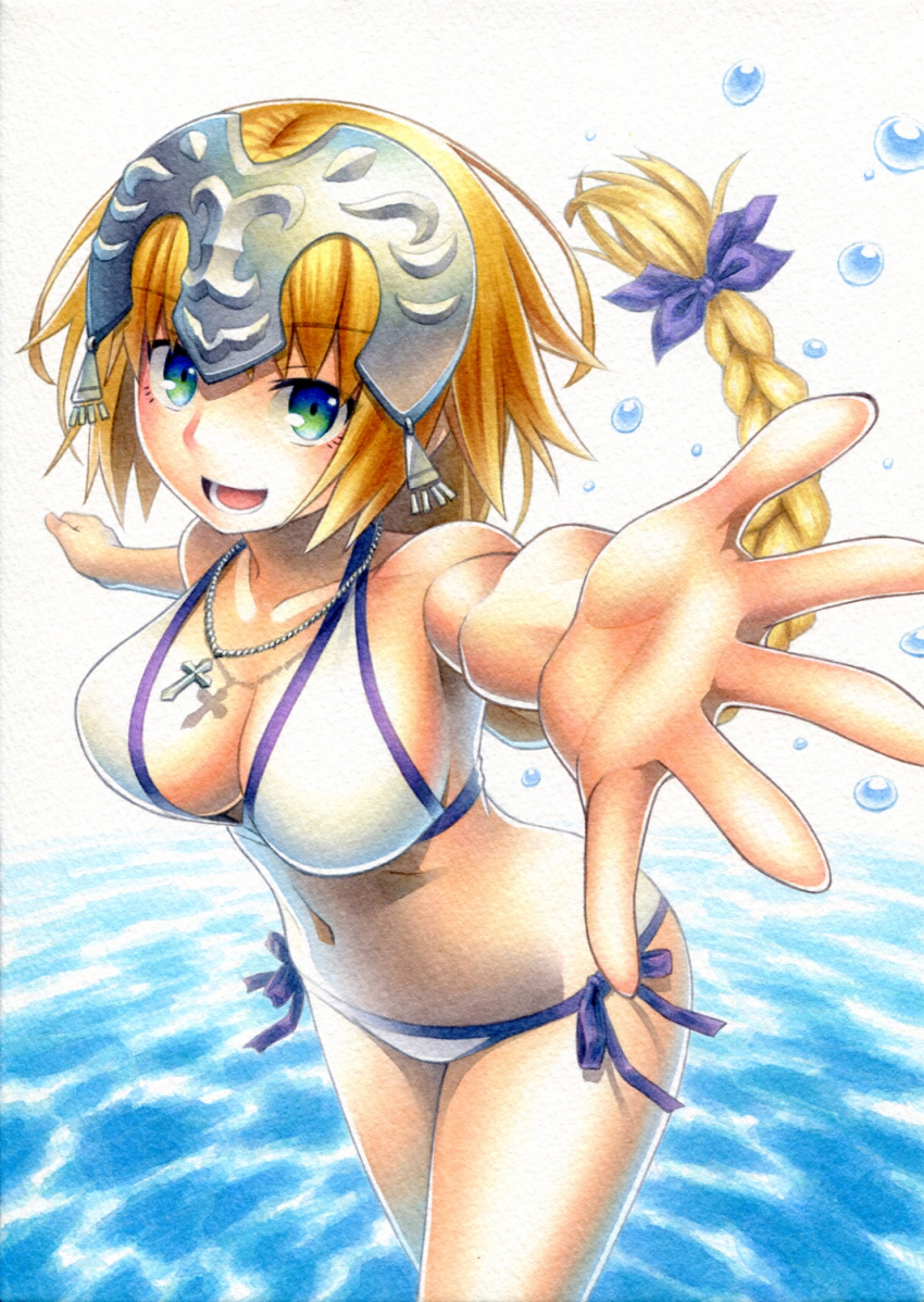 1girl alternate_costume bikini blonde_hair blue_eyes braid breasts cleavage commentary_request cowboy_shot fate_(series) headpiece highres kawachi_koorogi large_breasts long_hair midriff navel open_mouth outstretched_arms outstretched_hand reaching_out ruler_(fate/apocrypha) sideboob single_braid swimsuit thighs very_long_hair white_bikini