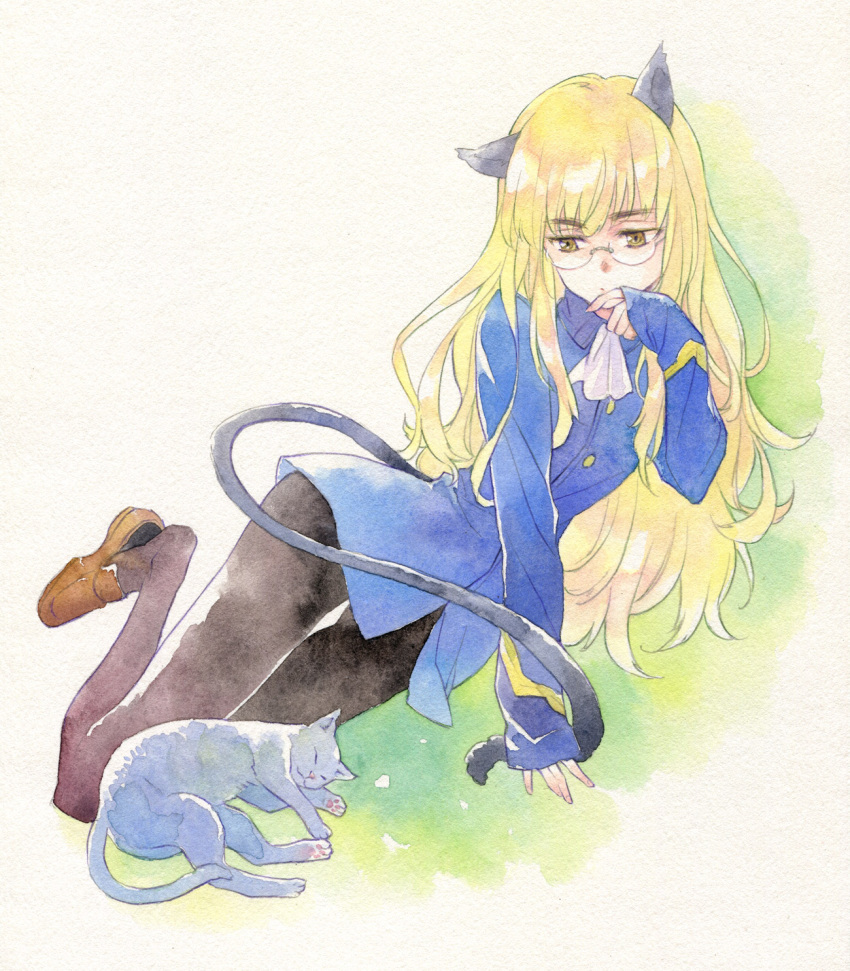 1girl agahari animal_ears black_legwear blonde_hair cat cat_ears cat_tail glasses highres long_hair long_sleeves lying military military_uniform on_side pantyhose perrine_h_clostermann shoe_dangle sleeping sleeves_past_wrists solo strike_witches tail traditional_media uniform watercolor_(medium) world_witches_series yellow_eyes