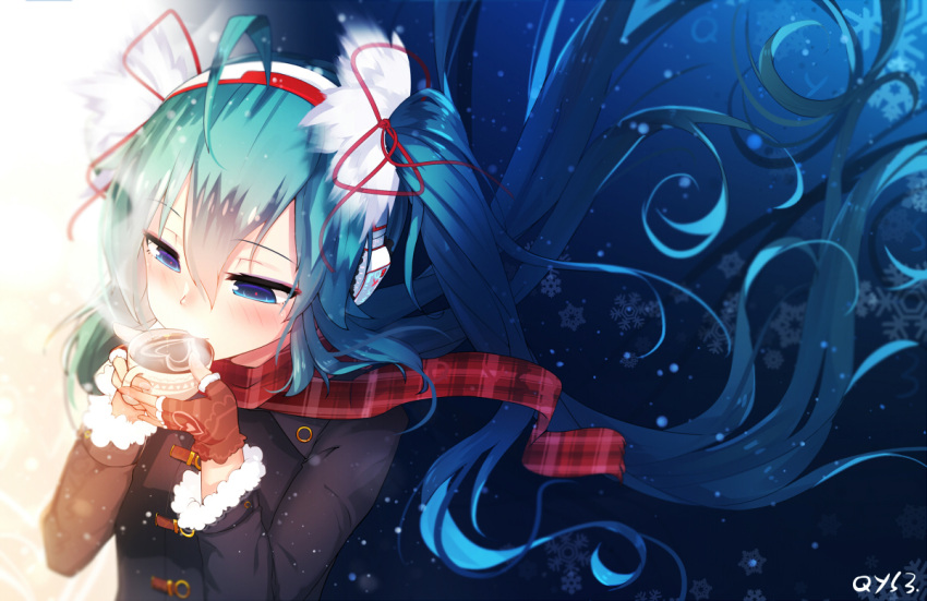 1girl ahoge aqua_hair bai_yemeng black_coat blue_eyes blush brown_gloves coat cup drinking earmuffs eyebrows_visible_through_hair fingerless_gloves floating_hair gloves hair_between_eyes hatsune_miku headphones heart heart_print holding holding_cup latte_art long_hair long_sleeves number plaid plaid_scarf red_scarf revision scarf sipping snowflakes solo steam teacup twintails upper_body very_long_hair vocaloid