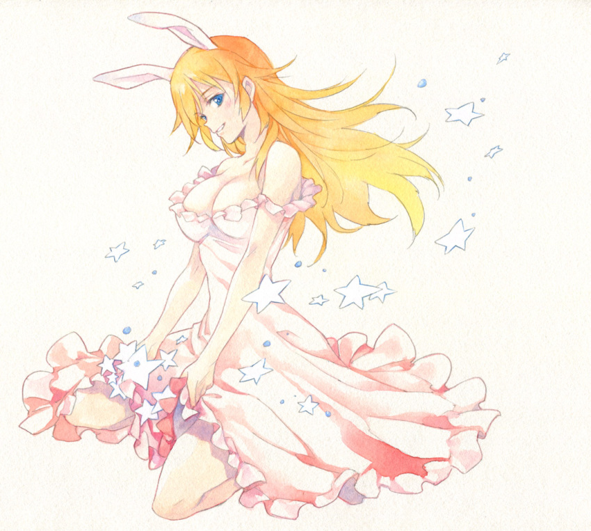 1girl agahari alternate_costume animal_ears bare_shoulders blue_eyes breasts charlotte_e_yeager cleavage dress dress_lift female formal frilled_dress frills full_body grin large_breasts long_hair looking_at_viewer neck off-shoulder_dress orange_hair parted_lips pink_dress rabbit_ears seiza sitting smile solo star strike_witches traditional_media world_witches_series