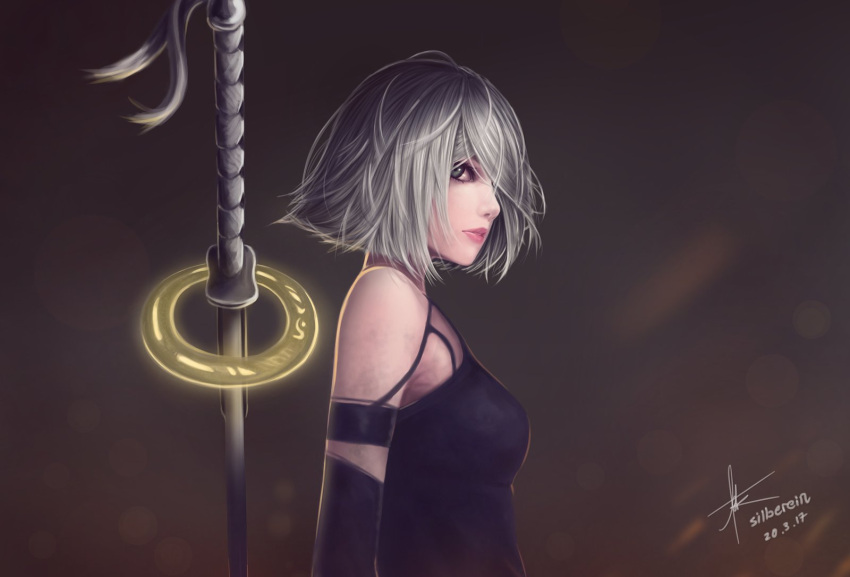 1girl 2017 alternate_hair_length alternate_hairstyle android armlet artist_name bare_shoulders black_gloves blue_eyes breasts collarbone dated elbow_gloves eyelashes from_side gloves hair_over_one_eye highres katana lips looking_at_viewer medium_breasts nier_(series) nier_automata nose parted_lips patrick_hambali pink_lips short_hair signature silver_hair sleeveless solo sword tank_top tassel teeth upper_body weapon yorha_type_a_no._2