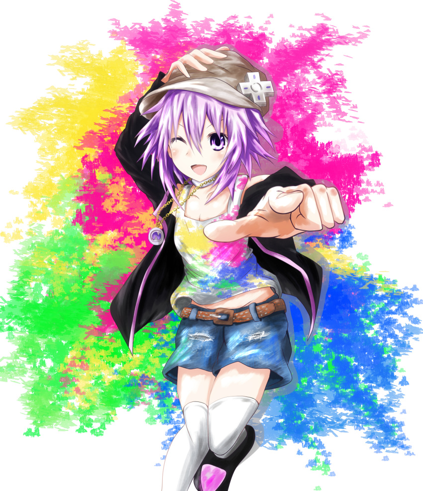 1girl ;d alternate_costume artist_request bare_shoulders blush choujigen_game_neptune colorful d-pad foreshortening gradient gradient_background hair_ornament hand_on_headwear highres jacket looking_at_viewer neptune_(choujigen_game_neptune) neptune_(series) one_eye_closed open_mouth pink_hair purple_hair shirt shoes short_hair sketch skirt smile solo t-shirt thighs violet_eyes