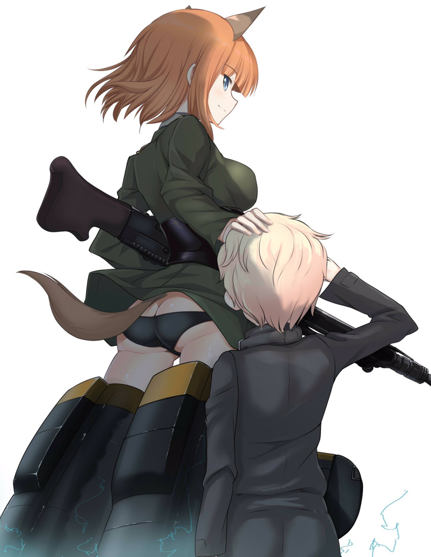 1boy 1girl a9b_(louis814) animal_ears ass black_panties blonde_hair blue_eyes brave_witches commentary gun gundula_rall hand_on_another's_head highres machine_gun mg42 military military_uniform orange_hair panties salute short_hair striker_unit tail underwear uniform weapon weapon_request wolf_ears wolf_tail world_witches_series