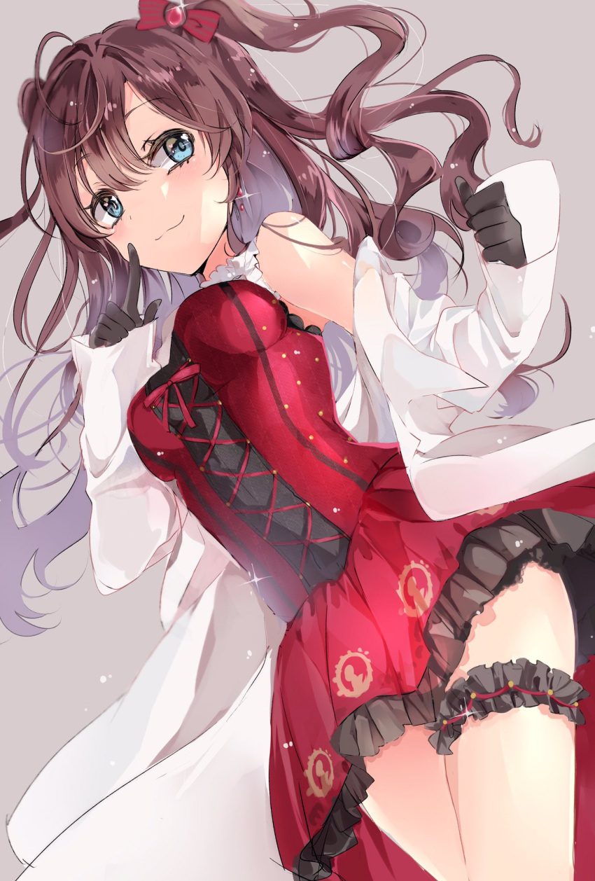 1girl :3 bangs black_gloves blue_eyes bow breasts brown_hair cowboy_shot cross-laced_clothes dress dutch_angle earrings finger_to_face frilled_dress frills from_below gloves grey_background hair_between_eyes hair_bow highres ichinose_shiki idolmaster idolmaster_cinderella_girls jewelry kona_(mmmkona) labcoat leg_garter long_hair long_sleeves looking_at_viewer medium_breasts off_shoulder simple_background smile solo sparkle two_side_up