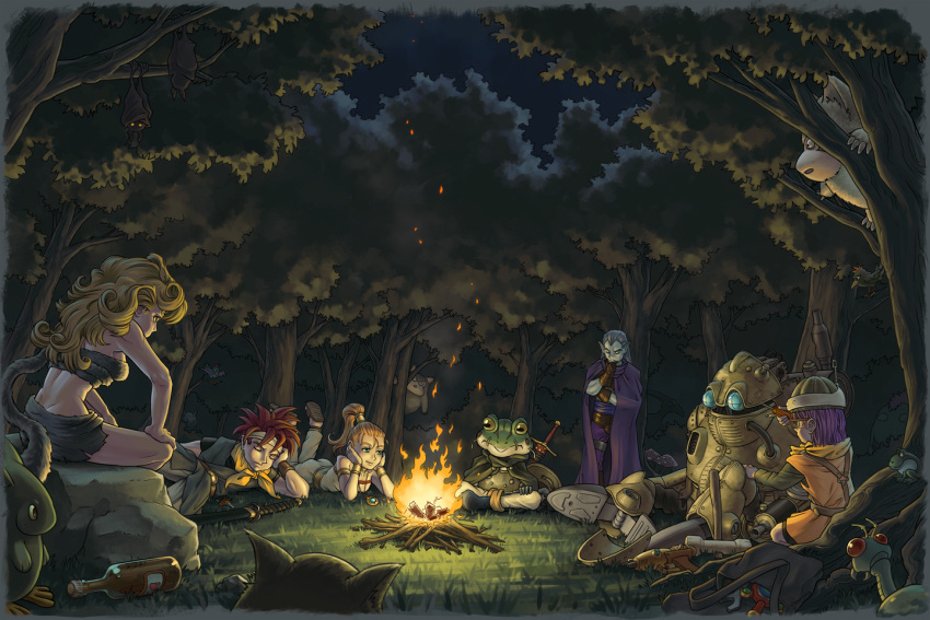 1other 3boys 3girls amade ayla_(chrono_trigger) bandana bare_arms blonde_hair bottle brown_gloves bug campfire cape chrono_trigger closed_eyes crono_(chrono_trigger) forest frog_(chrono_trigger) glasses gloves helmet jewelry long_hair long_sleeves lucca_ashtear lying magus_(chrono_trigger) marle_(chrono_trigger) multiple_boys multiple_girls nature night pendant purple_hair redhead robo_(chrono_trigger) short_hair sitting square_enix standing sword tools weapon white_bandana