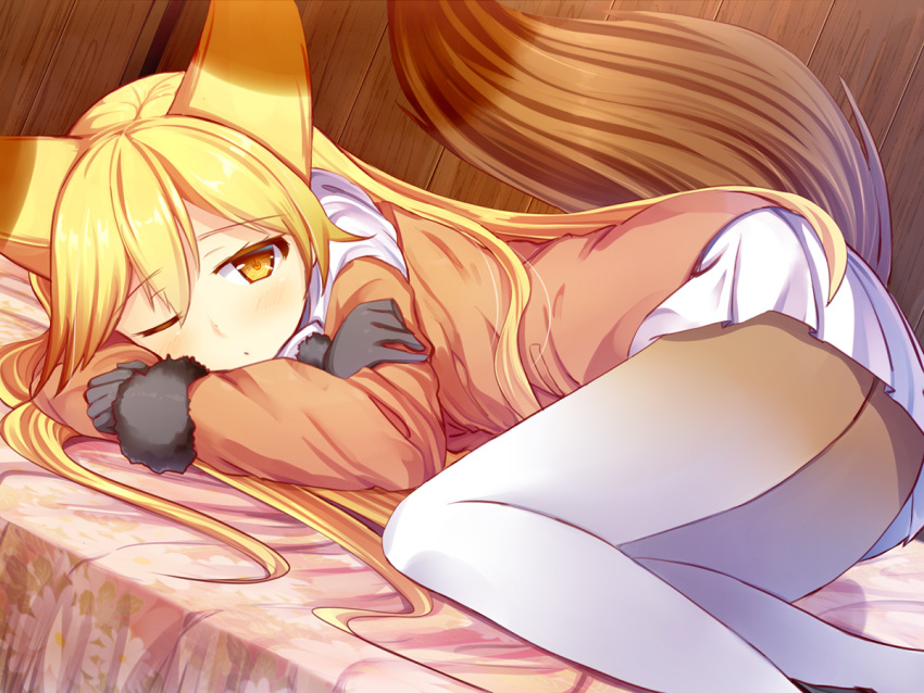 1girl :o ;o animal_ears ass bed_sheet black_gloves black_shoes blonde_hair blush bow bowtie colored_eyelashes eyebrows_visible_through_hair ezo_red_fox_(kemono_friends) floral_print fox_ears fox_tail fur-trimmed_sleeves fur_trim gloves hair_between_eyes hand_up invisible_chair jacket kemono_friends knees_together_feet_apart liya loafers long_hair long_sleeves looking_at_viewer lying multicolored multicolored_clothes multicolored_legwear on_bed one_eye_closed open_mouth orange_jacket orange_legwear pantyhose parted_lips pocket scarf shoes simple_background sitting skirt slit_pupils solo straight_hair tail upskirt very_long_hair white_background white_bow white_bowtie white_legwear white_scarf white_skirt