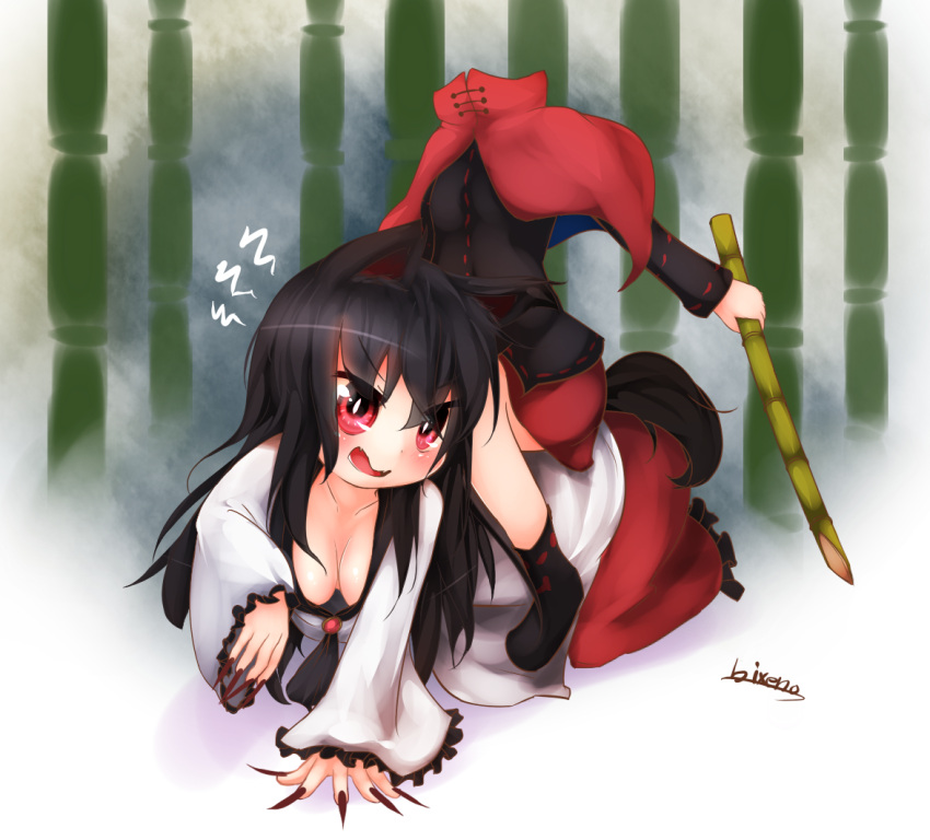2girls all_fours animal_ears bamboo bikuseno black_blouse black_hair blouse breasts cape cleavage commentary_request downblouse dullahan headless imaizumi_kagerou long_hair long_sleeves miniskirt multiple_girls red_cape red_eyes red_skirt sekibanki skirt tail touhou white_blouse wolf_ears wolf_tail