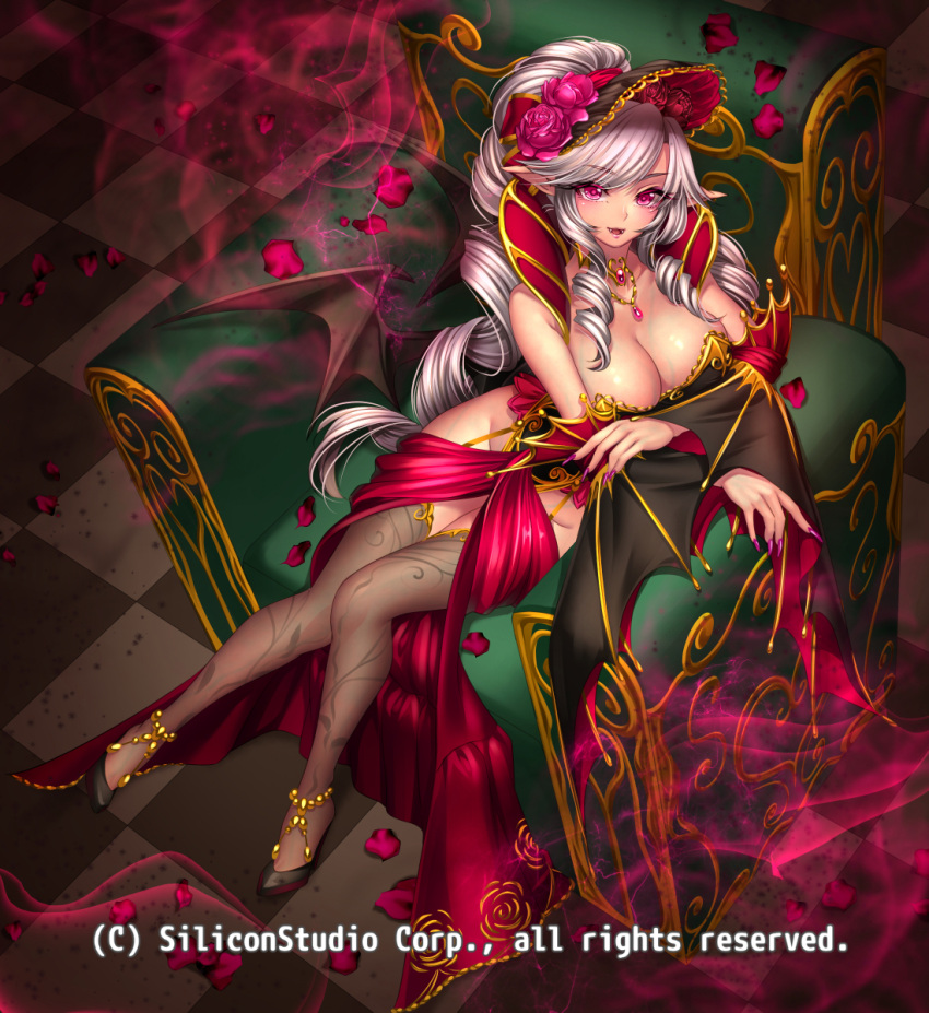 1girl bare_shoulders bat_wings breasts cleavage company_name couch curly_hair fangs flower full_body grey_hair gyakushuu_no_fantasica hair_flower hair_ornament high_heels highres jewelry long_hair nail_polish necklace no_panties official_art open_mouth petals pink_eyes pointy_ears ponytail ryuki@maguro-ex sitting solo thigh-highs wings