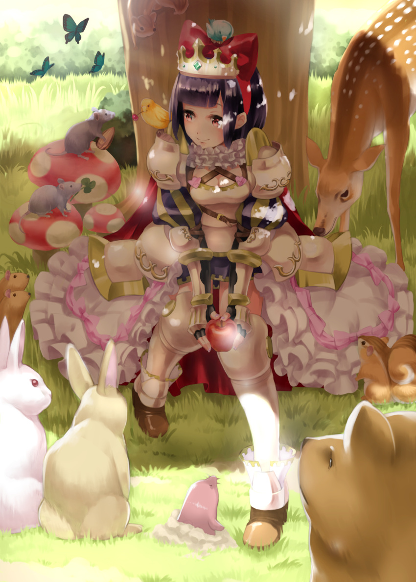 1girl animal animal_on_head animal_on_shoulder armor bangs bear bird bird_on_head bird_on_shoulder black_hair blunt_bangs blush boots bow breasts butterfly cherry chipmunk cleavage closed_mouth clover_(flower) day deer flower food fruit full_body gem grass hair_bow hand_on_own_knee highres holding holding_fruit mole mouse mouth_hold mushroom on_head original outdoors pink_eyes rabbit red_bow red_eyes revision rin2008 seed shade sitting skirt smile squirrel tiara tree