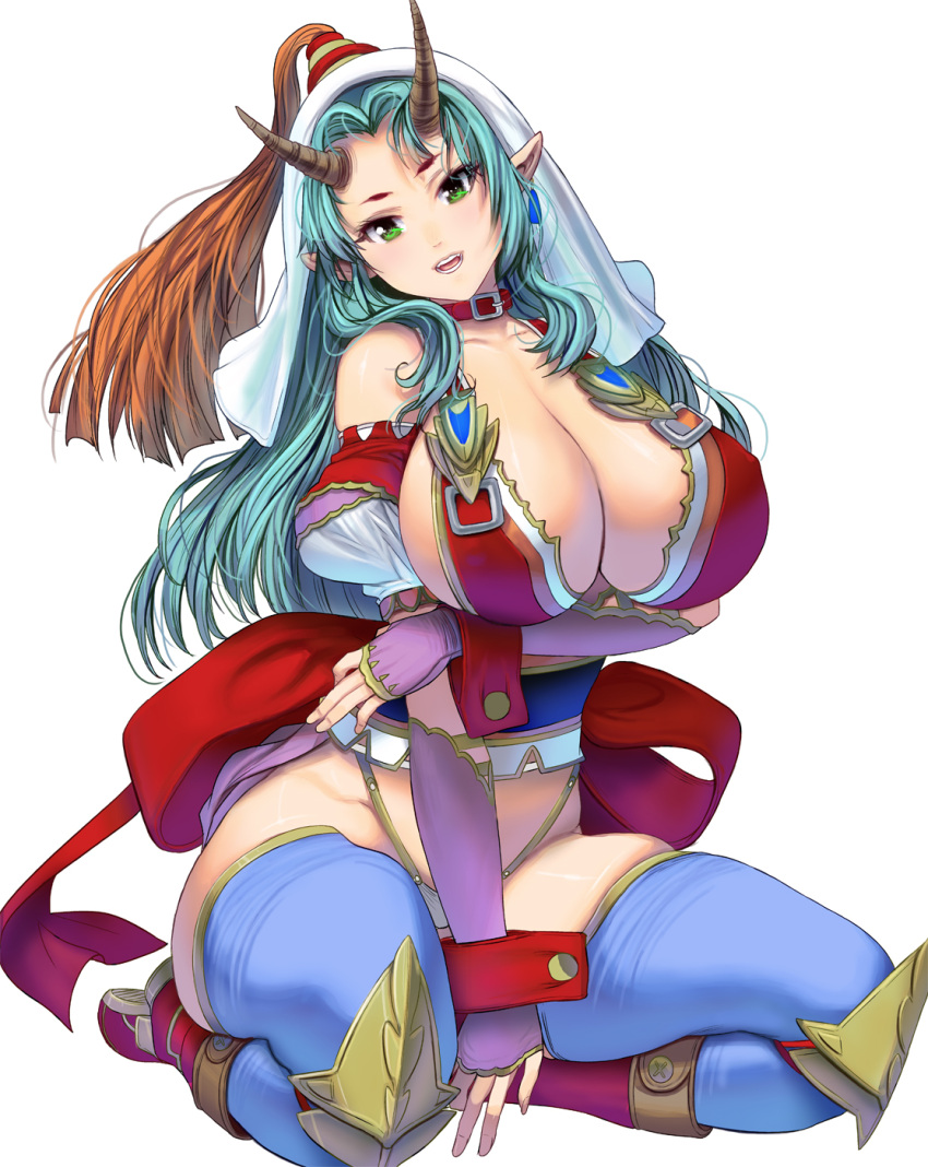 1girl :d aqua_hair bangs between_legs blue_legwear boots breasts cleavage collar collarbone green_eyes groin hair_over_shoulder hand_between_legs head_tilt highres horns huge_breasts long_hair looking_at_viewer masao open_mouth original parted_bangs pointy_ears puffy_short_sleeves puffy_sleeves red_boots short_sleeves simple_background sitting smile solo thick_thighs thigh-highs thighs white_background wrist_cuffs