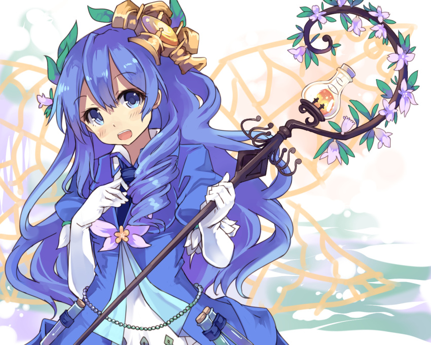 1girl blue_eyes blue_hair blush breasts character_request curly_hair duel_monster gloves highres holding holding_staff long_hair looking_at_viewer nomalandnomal open_mouth smile solo staff