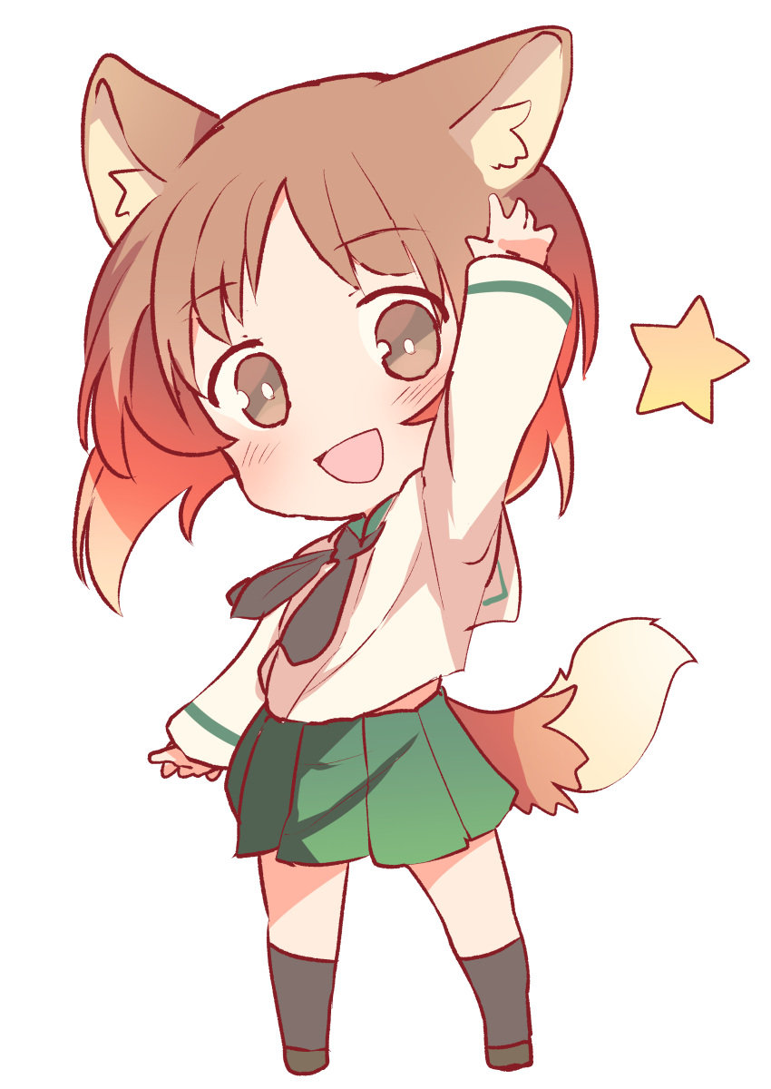 1girl :d absurdres animal_ears arm_up bangs black_footwear black_legwear black_neckwear blouse brown_eyes brown_hair chibi commentary dog_ears dog_tail eyebrows_visible_through_hair full_body girls_und_panzer green_skirt highres kemonomimi_mode long_sleeves looking_at_viewer miluke miniskirt neckerchief nishizumi_miho ooarai_school_uniform open_mouth pleated_skirt school_uniform serafuku shoes short_hair simple_background skirt smile socks solo standing star tail waving white_background white_blouse